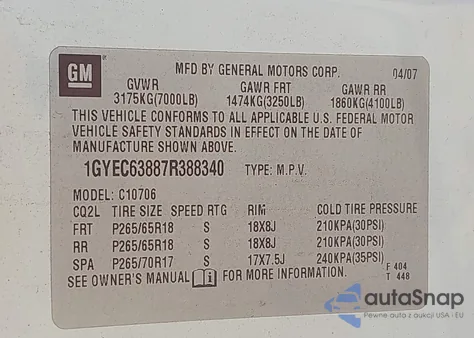 2007 Cadillac Escalade Standard z USA, uszkodzony, nr VIN 1GYEC63887R388340